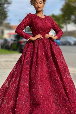 Gorgeous Long Sleeves Crew Neck A-Line Appliques Lace Pearl Prom Gown_1