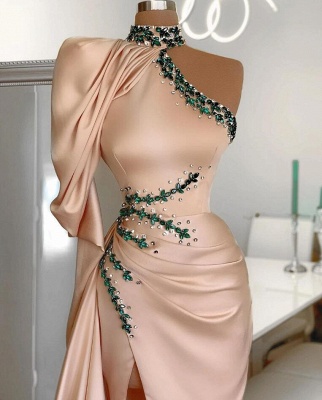 Classy High Neck Mermaid One Shoulder Crystal Split Prom Dress With Side Train_2
