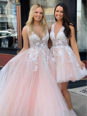 Elegant Deep V-neck Appliques Lace Tulle Princess Dress Backless A-Line Prom Dress_2