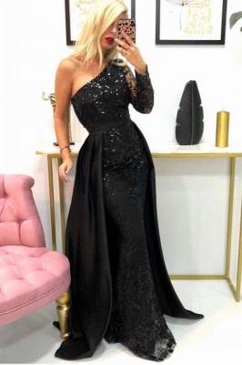 Shiny Black Sequins One Shoulder Appliques Mermaid Prom Dress With Detachable Train_1