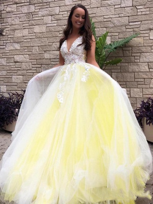 Elegant Deep V-neck Appliques Lace Tulle Princess Dress Backless A-Line Prom Dress_7