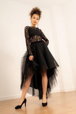 Sexy Black Long Sleeves Appliques Lace Party Dress High Low Tulle Prom Dress_1
