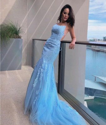 Sky Blue Spaghetti Straps Appliques Lace Tulle Backless Mermaid Prom Dress_2