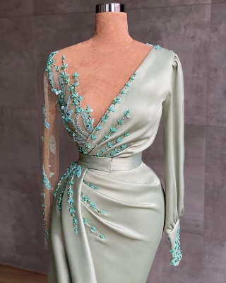 Vintage V-neck Long Sleeve Mermaid Prom Dress With 3D Floral Ruched_2