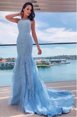 Sky Blue Spaghetti Straps Appliques Lace Tulle Backless Mermaid Prom Dress_1