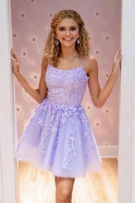 Cute Spaghetti Straps Tulle Short Homecoming Dress Appliques Lace Prom Dress_1