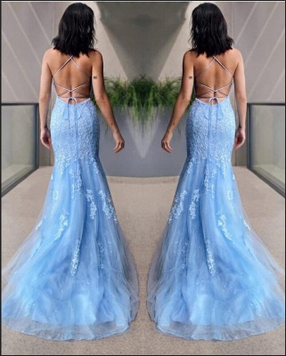 Sky Blue Spaghetti Straps Appliques Lace Tulle Backless Mermaid Prom Dress_3
