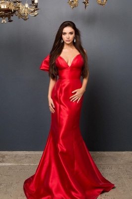 Charming V-neck Satin Floor-length Mermaid Backless Prom Dress With Bowknot_1
