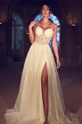 Chic Spaghetti Straps Sweetheart Tulle Floral A-Line Prom Dress With Side Split_1