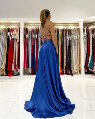 Sexy Royal Blue V-neck Spaghetti Straps A-Line Prom Dress With Side Split_2