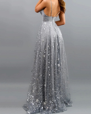 Sparkly Sequins Deep V-neck Spaghetti Straps A-Line Prom Dress With Side Split_4