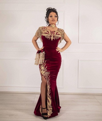 Velvet Tassel Gold Appliques Mermaid Split Prom Dress With Detachable Train_3