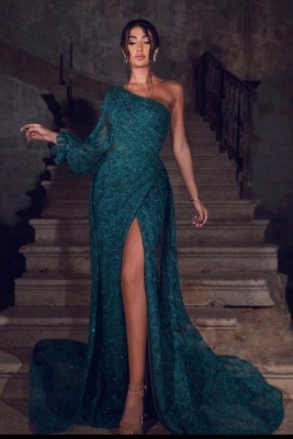 Charming One Shoulder Long Sleeve Sequins Mermaid Prom Dress With Side Split_1