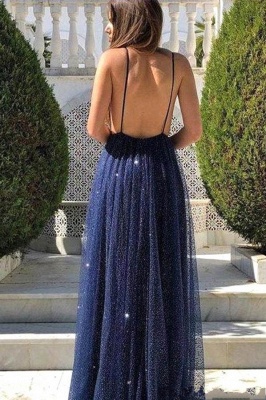 Sparkly Spaghetti Straps Deep V-neck Sequins A-Line Prom Dress With Detachable Train_3