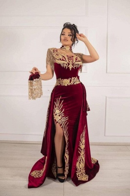 Velvet Tassel Gold Appliques Mermaid Split Prom Dress With Detachable Train_1