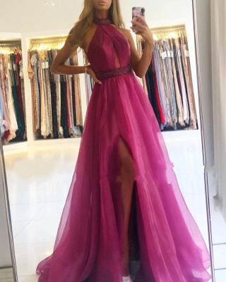 Sexy Halter Tulle A-Line Floor-length Beading Ruffles Prom Dress With Side Slit_2