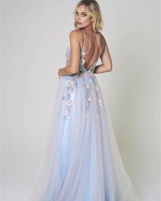 Stunning V-neck Spaghetti Straps Floral Tulle A-Line Prom Dress With Side Slit_2