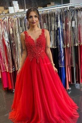 V-neck Appliques Lace Tulle Party Dress A-Line Backless Ruffles Prom Dress_1