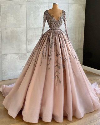 Gorgeous Long Sleeves V-neck Floral Beading Ruffles Ball Gown Prom Dress_2