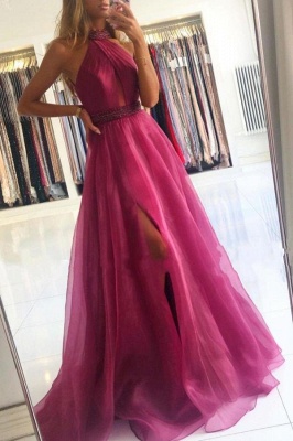 Sexy Halter Tulle A-Line Floor-length Beading Ruffles Prom Dress With Side Slit_1