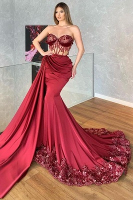 Charming Sweetheart Appliques Lace Ruffles Mermaid Prom Dress With Side Train_1