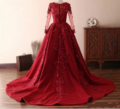Stunning Long Sleeves Bateau Floral Appliques A-Line Ruffles Prom Dress_2