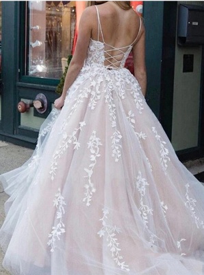 Romantic Spaghetti Straps Floral Lace Tulle A-Line Backless Prom Dress_2
