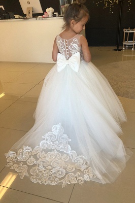 Princess Appliques Lace Floor-length Train Tulle Flower Girl Dresses With Bowknot_3