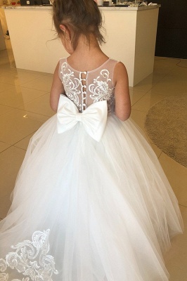 Princess Appliques Lace Floor-length Train Tulle Flower Girl Dresses With Bowknot_4