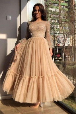 Shiny Bateau Puffy Sleeves Sequins Tulle A-Line Ankle-length Prom Dress_1
