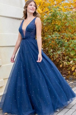 Beautiful Wide Straps Deep V-neck Ruffles A-Line Tulle Prom Dress With Sequins_1