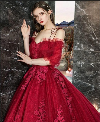 Off-the-shoulder Half Sleeves Tulle Appliques Lace Ball Gown Train Prom Dress_5