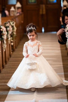 Lovely Bateau Long Sleeve Full Length Appliques Lace Ball Gown Flower Girl Dress