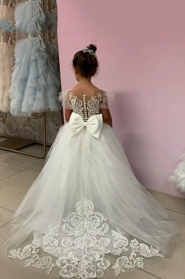 Bateau Appliques Lace Bow Tulle Full Length Ball Gown Wedding Dress_5