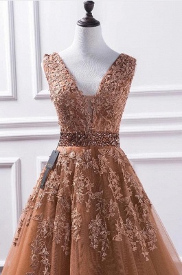 Wide Straps A-Line V-neck Tulle Party Dress Appliques Lace Ruffles Prom Dress_3