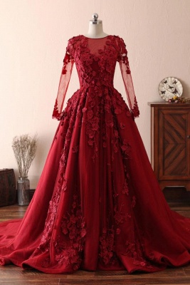 Stunning Long Sleeves Bateau Floral Appliques A-Line Ruffles Prom Dress_1