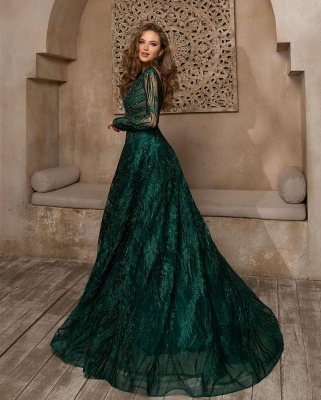 Gorgeous Long Sleeves Bateau Appliques Lace Sequins A-Line Tulle Prom Dress_2