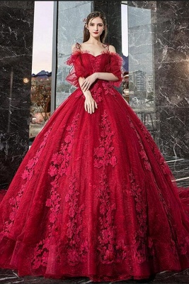 Off-the-shoulder Half Sleeves Tulle Appliques Lace Ball Gown Train Prom Dress_1