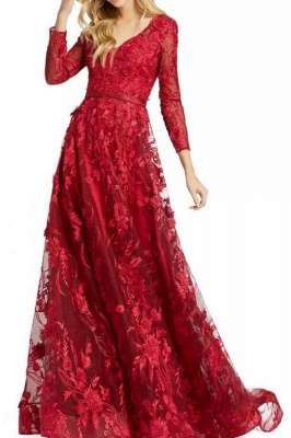 Elegant Sweetheart Long Sleeves Floral Lace A-Line Ruffles Prom Dress_1