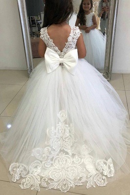 Beautiful Appliques Lace Backless Tulle Ball Gown Flower Girl Dresses With Bowknot_2