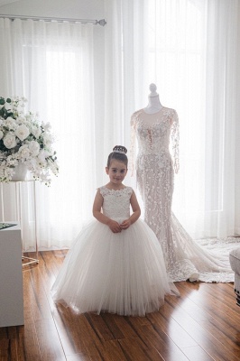 Beautiful Appliques Lace Backless Tulle Ball Gown Flower Girl Dresses With Bowknot_3
