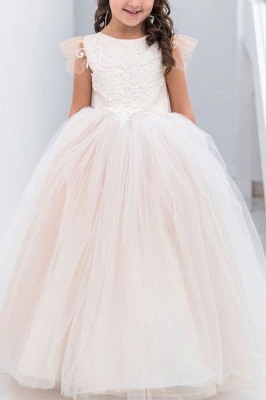 Bateau Appliques Lace Bow Tulle Full Length Ball Gown Wedding Dress