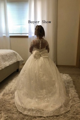 Lovely Bateau Long Sleeve Full Length Appliques Lace Ball Gown Flower Girl Dress_3