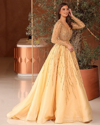 Glamorous Deep V-neck Long Sleeves A-Line RUffles Prom Dress With Crystal_2