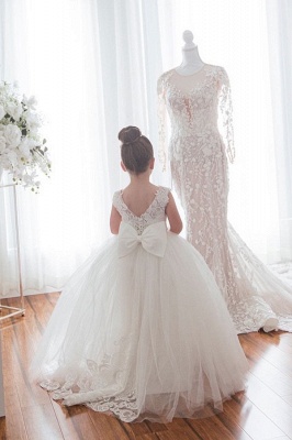 Beautiful Appliques Lace Backless Tulle Ball Gown Flower Girl Dresses With Bowknot_1