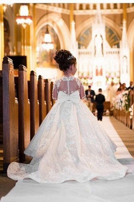 Lovely Bateau Long Sleeve Full Length Appliques Lace Ball Gown Flower Girl Dress_2