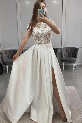 Elegant White Cap Sleeves Lace Satin A-Line Ruffles Prom Dress With Side Slit_2