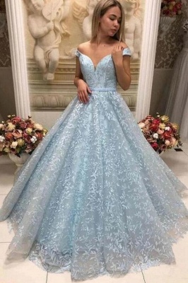 Pretty Off-the-shoulder Sky Blue A-Line Ruffles Floor-length Evening Prom Dress_1