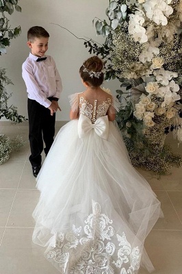 Bateau Appliques Lace Bow Tulle Full Length Ball Gown Wedding Dress_3