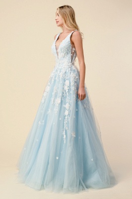 Deep V-neck Lace Appliques Tulle Formal Dress A-Line Tulle Ruffles Prom Dress_4